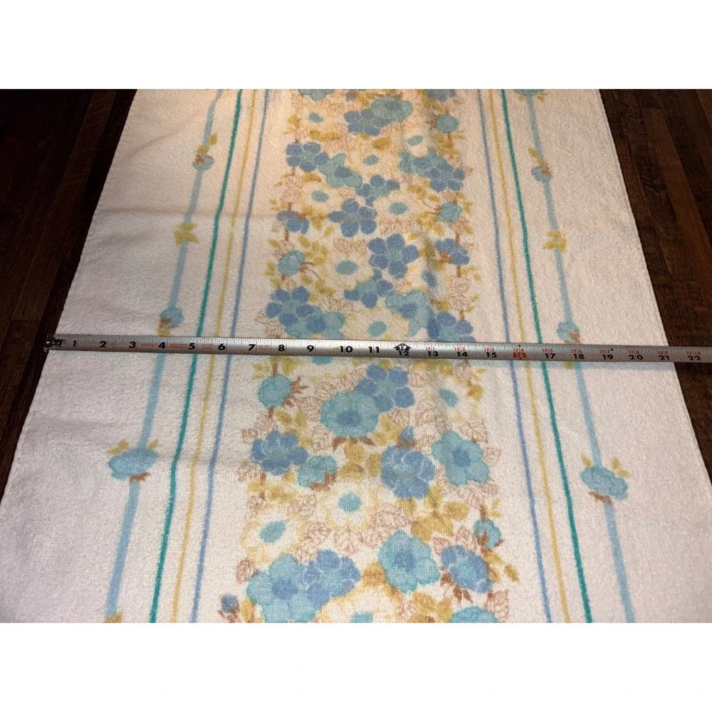 Vintage Cannon Floral Bath Towel Blue Yellow White Fringe Made in USA 1970s